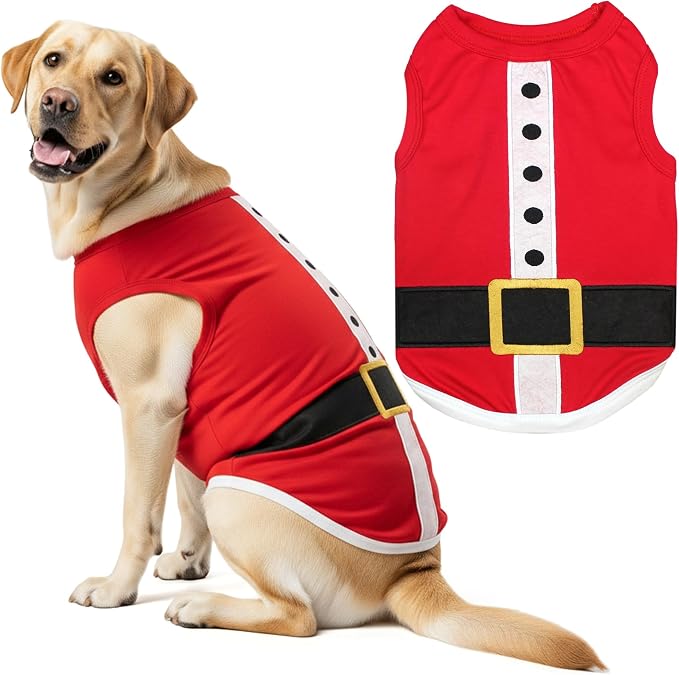 Parisian Pet Dog T-Shirt - Embroidered Santa Outfit - Lightweight Cotton Dog Christmas Outfit - Sleeveless Funny Christmas Pet Clothes - Machine Washable Shirts for Large Dogs - XL