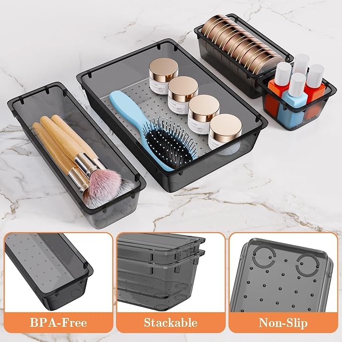 25 PCS Plastic Drawer Organizer, Versatile Organizer Trays & storage Bins | 4-Size Versatile Organizer Trays & storage Bins for Makeup, Jewelry, and Gadgets in Bathroom, Bedroom and Office, Clear Black