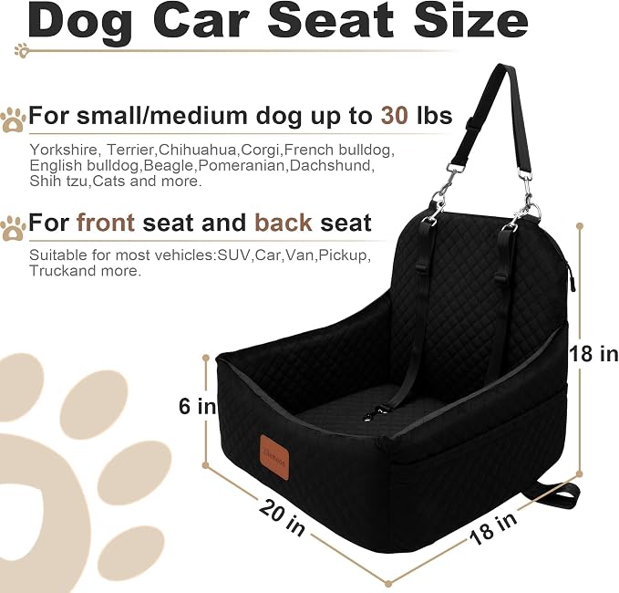 Car Dog Seat with 2 Safety Leashes,Dog Car Booster Seat for Small Medium Dogs 0-28lbs,Pet Car Travel Safety Bed with Storage Pockets,Non-Slip Bottom,Fully Detachable and Easy to Install(S1-Black)