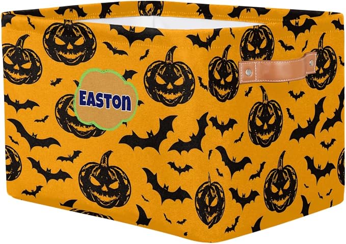 Custom Storage Baskets Name, Personalized Storage Bins Basket Boxes PU Leather Handles for Clothes Bedroom Closet Organizing Toys Books Shelves, Black Halloween Pumpkin Bats Pattern Yellow