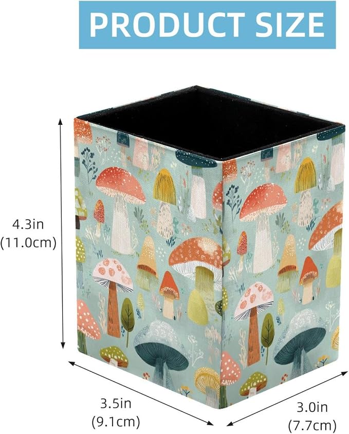 Mushroom Pen Holder for Desk Decor, Rectangular PVC Leather Pencil Cup for Desk Pen Organizer, Makeup Brush Holder for School, Home, Office