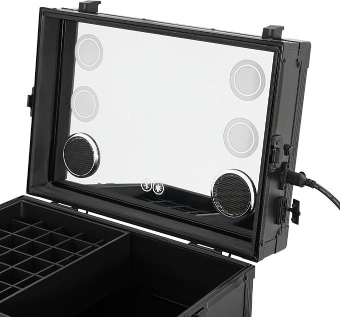 Professional Cosmetic Trolley Storage Organizer, Foldable Nail Tables Travel Cosmetic Trolley Storage Organizer w/ 4 Drawers Mirror & Speaker for Hair Stylists Pet Groomers Makeup (Black)
