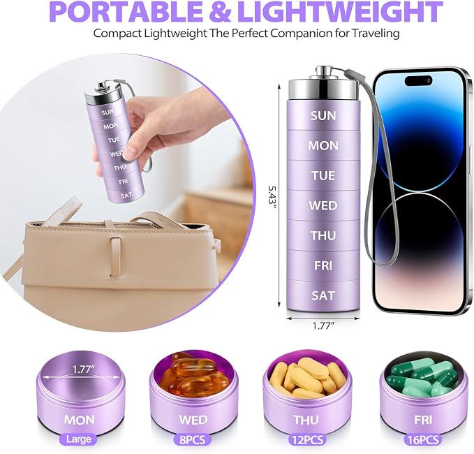 Metal Travel Pill Organizer, 7 Day Pill Box, Aluminum Alloy Pill Case | OUVBTX Large Pill Container, Portable, Waterproof, Stackable, Medicine Holder for Vitamin, Fish Oil, Supplement, Purple