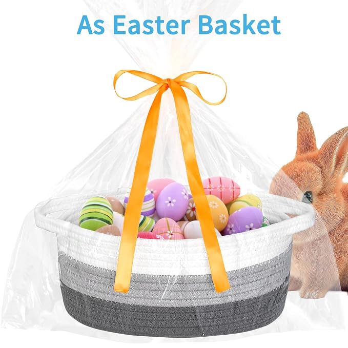 ABenkle Small Basket Empty Gift Basket, Decorative Boho Rope Woven Nursery Storage Organizer Dog Toy Baskets for Baby Showers Christmas Easter with Gift Bags and Ribbons, 12"X 8" X 5"