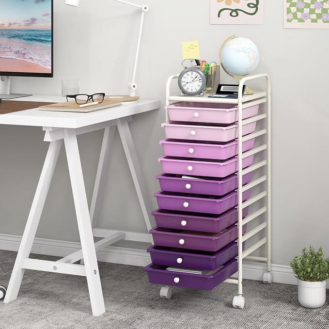 10 Drawer Rolling Storage Cart, Organization Cart on Drawers for Craft Makeup Paper Tool Art Supply, Versatile Utility Cart on Wheels for Home Office Classroom School (Gradient Purple)