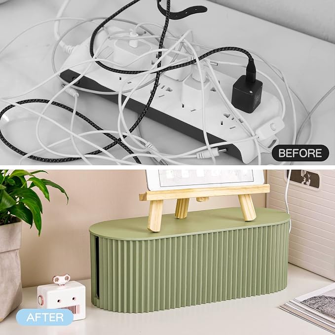 FABROK Cable Management Box, Power Strip Holder, Large, Green | Desk Cord Organizer, Charger Storage Basket, Surge Protector Cover, Floor TV Computer Wires Hider, For Home, Office