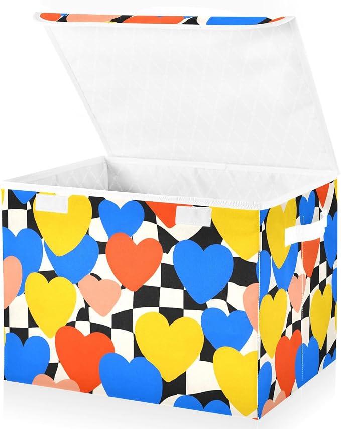 Heart Check Fabric Storage Bins with Lids Closet Bedroom 40L Storage Basket | Decorative Storage Boxes, Foldable & Stackable, Dust-Proof Flip Top, Reinforced Handles, For Home & Dorm, Clothes & Toy Box