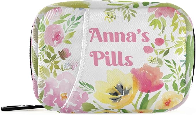 Custom Pill Box 7 Day Pill Case Bag Watercolor Floral Personalized Name Travel Pill Organizer Bag with Zipper Portable Weekly Case Compact Size for Vitamin Supplement Holder