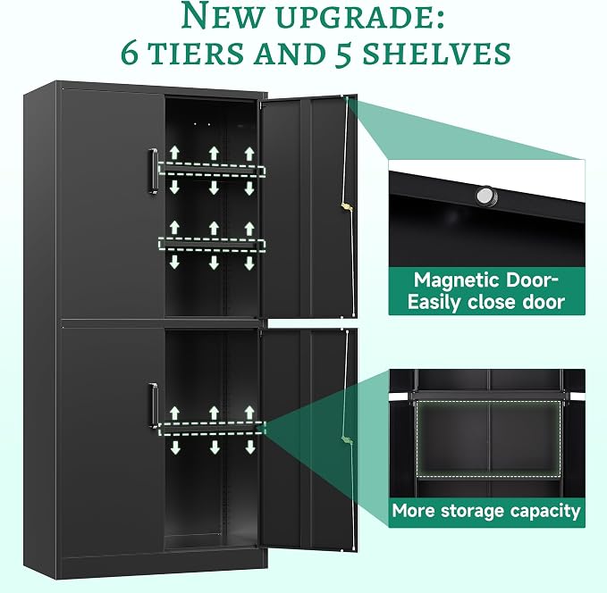 Metal Storage Cabinet with Lock Door, Adjustable Shelf Steel Cabinets for Office, Home,Pantry,Kitchen,Garage Utility Cabinet (4 Door-Black)