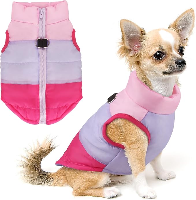 Idepet Pet Dog Cat Coat with Leash Anchor Color Patchwork Padded Puppy Vest Jacket Teddy Chihuahua Costumes Pug Cloth XS S M L (Small, Rose Red)
