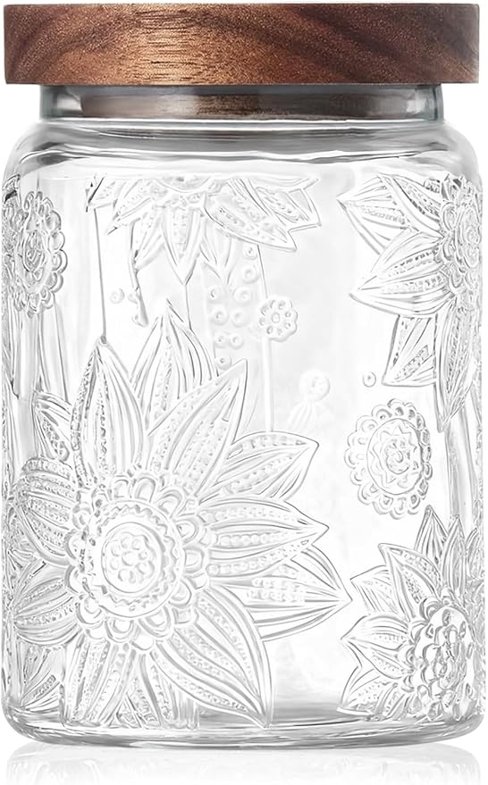 Vintage Glass Jar with Wood Lid - Christmas Airtight Canisters for Kitchen Countertop Bathroom, Storage Candy, Cookie, Coffee, Apothecary, Sugar, Flour,Pet Treat (Sunflower, 24oz/700ml)
