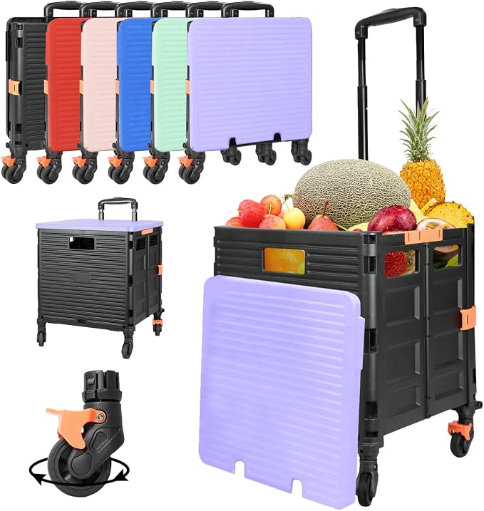 Foldable Utility Cart Portable Rolling Crate Handcart Shopping Trolley Collapsible Tool Box with Rotate Wheels Durable Duty Plastic Telescoping Handle Lid for Travel Move Office School(Purple)