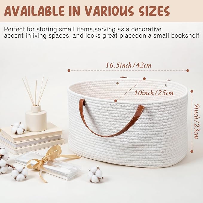 Colingmill Empty Gift Basket Woven Cotton Rope PU Handles,16.5*10*9 Inch
