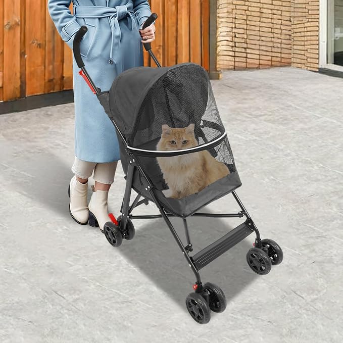 4 Wheels Pet Stroller with Waterproof Cover | Easy-Fold Travel Carrier | Pet Strolling Cart for Small/Medium Dogs and Cat | with Storage Pocket, Cup Holder & Breathable Mesh | for All-Season (Black)