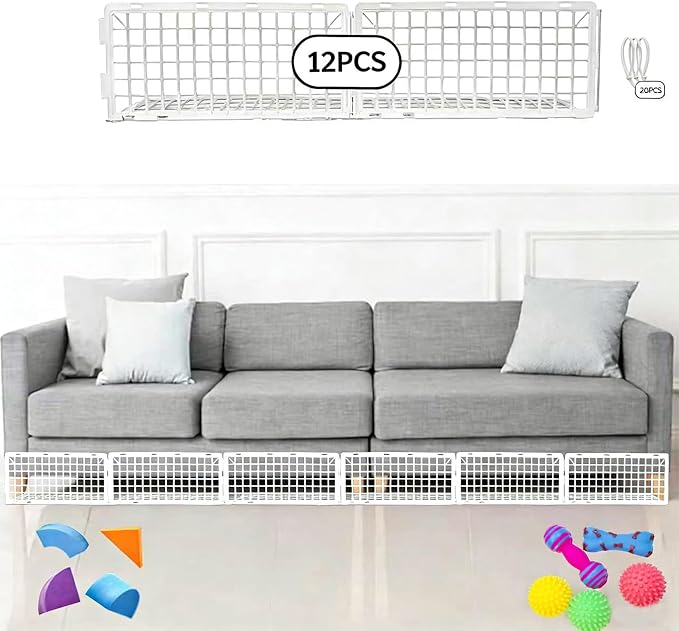 12Pcs Under Couch Blockers for Pets, Adjustable Plastic Under Bed Blockers, Furniture Barriers for Toys Dogs Cats (White)