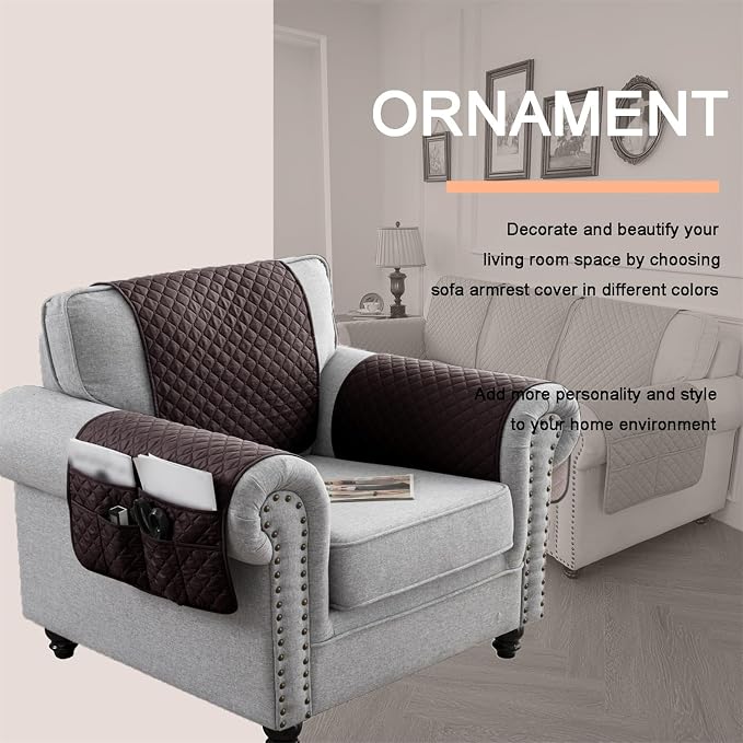 Water-Resistant Sofa Armrest and Headrest Covers with Side Pocket | Keep remotes close quilted polyester helps guard against wear, pet scratches, and kids' messes silicone backing adds grip
