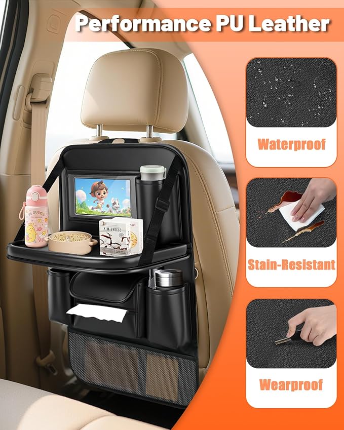 2 Pack Leather Car Backseat Organizer with Foldable Table Tray | Garbage Bag Hook, Protector Kick Mats for Kids, 8 Large-Capacity Pocket, Universal Car Seat Protector for Kids, Pets & Travel