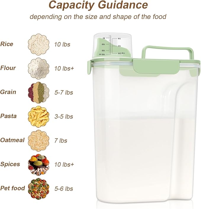 LEAWALK Airtight Rice Storage Container, Cereal Dry Food Flour and Sugar Bin, Dog Cat Food Dispenser with Measuring Cup, BPA Free Clear Plastic Kitchen (Green, 5L-1pack)