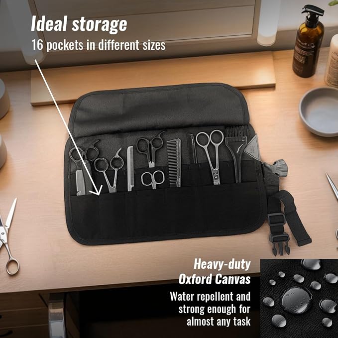 Under NY Sky Scissors Roll Up Case For Salon Hair Cutting Shears, Black | Professional Oxford Canvas Pouch Case, Portable Storage Organizer for Salon Tools, Hair Stylists, Barbers & Hairdressers