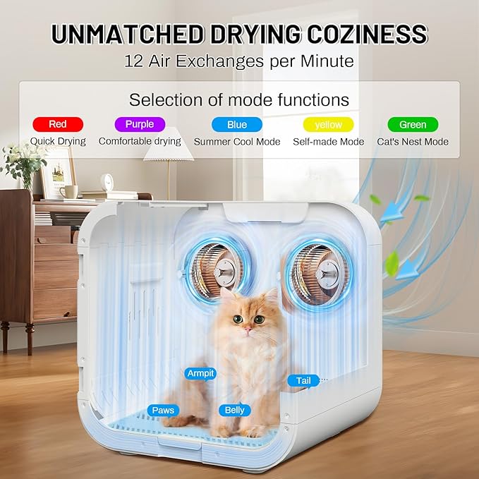 Automatic Pet Hair Dryer Box, 70L Dual Motor Fans Blower for Cats and Small Dogs, 360° Drying, Temperature Control, Self-Dryer Boxes with 4 Adjustable Speed Settings & 5 Drying Modes, 5 Towels, White