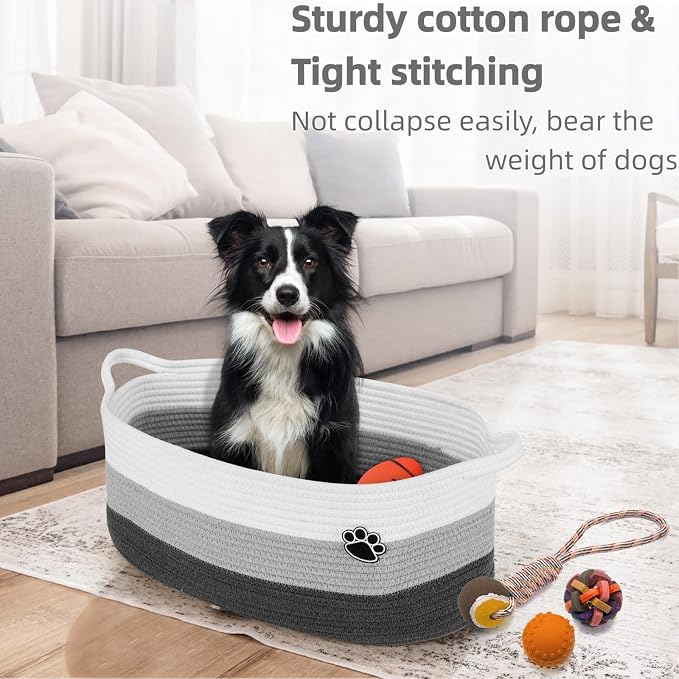Optish 40L Extra Large Dog Toy Basket, 20" x 14" x 9" XL Toy Storage Box and Bin with Handles, Woven Cotton Rope Foldable Basket for Blankets, Living Room, Bedroom, Home Decor, White & Grey