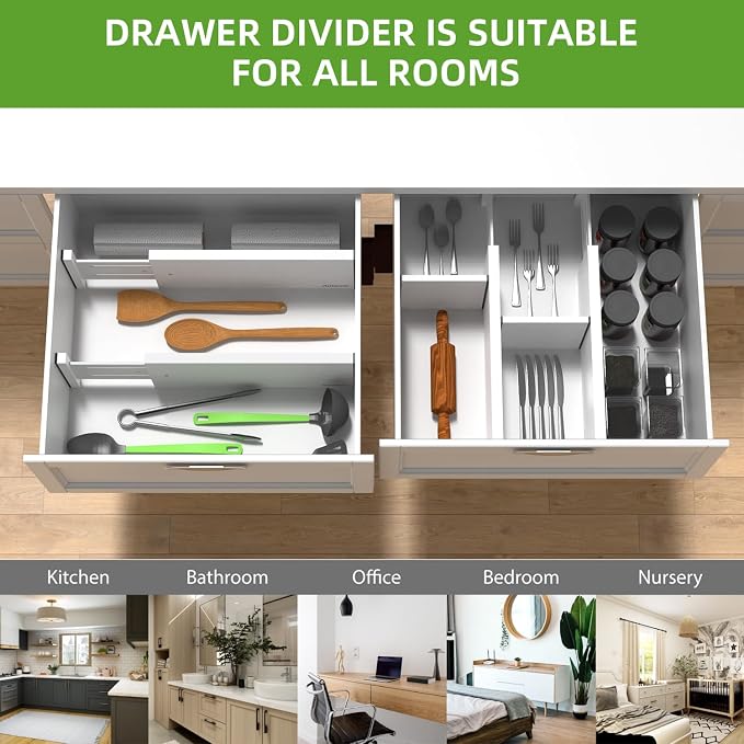 4 Pack Expandable Drawer Dividers, 4.7'' High, Extend from 12.2'' to 17.7'', Bamboo Dresser Drawer Organizers Separators for Kitchen, Bedroom, Office, Bathroom (White)
