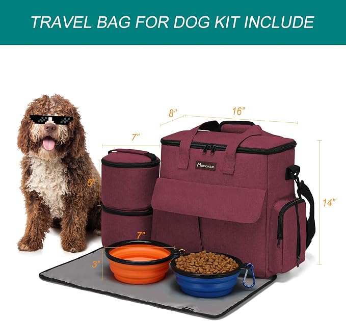 Modoker Weekend Dog Travel Bag with 2 Food Bags, 2 Bowls and Mat,Rose Red | Dog Travel Accessories Organizer for Camping and Road Trips with Roomy Storage, Multiple Pockets and Water-Resistant Oxford