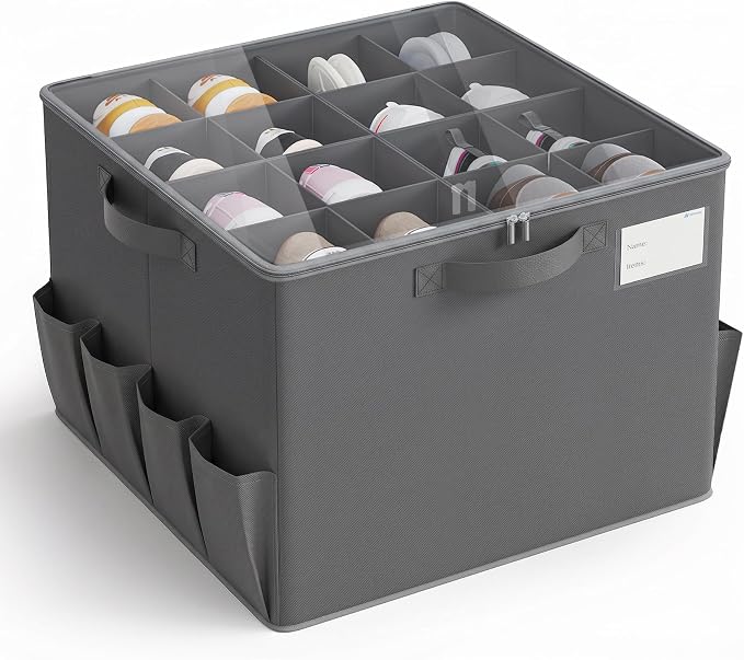 Varhomax Shoe Organizer Box for Closet, Fabric Storage Basket | Foldable Shoe Bin with Adjustable Dividers & Clear Cover, Saving Space Sneakers & Sandals Containers for Entryway, Cubby