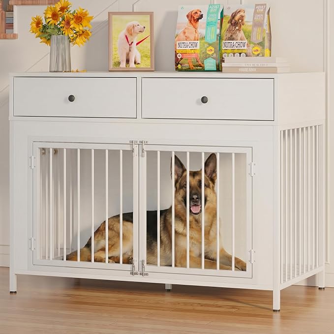 PUKAMI Large Dog Crate Furniture with 2 Drawers, 44 Inch Wooden Dog Kennel Indoor, Crate Furniture as Decorative End Table, Cage Furniture for Small Medium Large Dogs (New White, 1-Pack Set)