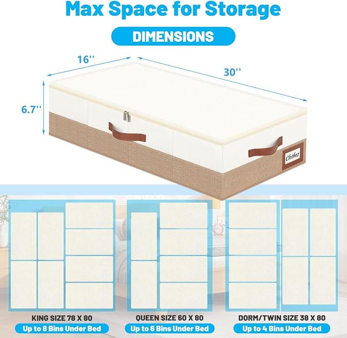 Under Bed Storage Container Bins 2 Pack, Low Profile Foldable Underbed Clothes Storage Organizer W/ Ultra Thick Fabric and Sturdy Bottom/Sides, Dual Zipper Storage Box for Dorm and Home 30x16x6.7"