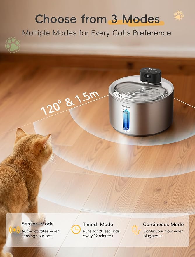 Wireless Cat Water Fountain, 135fl.oz/4L Stainless Steel Cat Fountain Battery Operated, Pet Water Dispenser Cordless for Cats & Dogs Indoor (5 Set Filter)