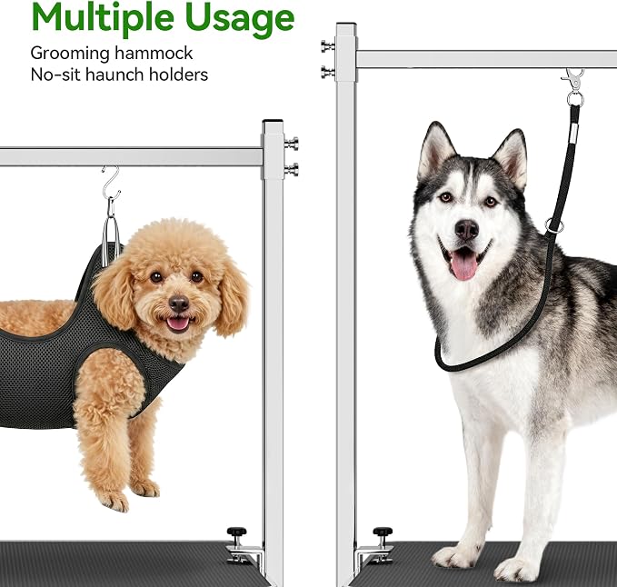 pickpiff Dog Grooming Table with Arm, 35.5" L×23.6" W x 30" H Foldable Heavy Duty Pet Grooming Station with Adjustable 33.5" Height Arm, Hammock & Nooses, Tray, Non-Slip Waterproof Tabletop