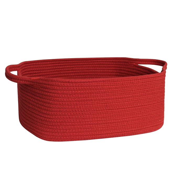 MEGASKET Red Woven Basket, 13.5” x 10” x 6” Red Empty Gift Basket to Fill, Decorative Cotton Rope Storage Bin for Organizing, Cute Baby Nursery Organizer, Rectangle Dog Toy Bin, Room Decor