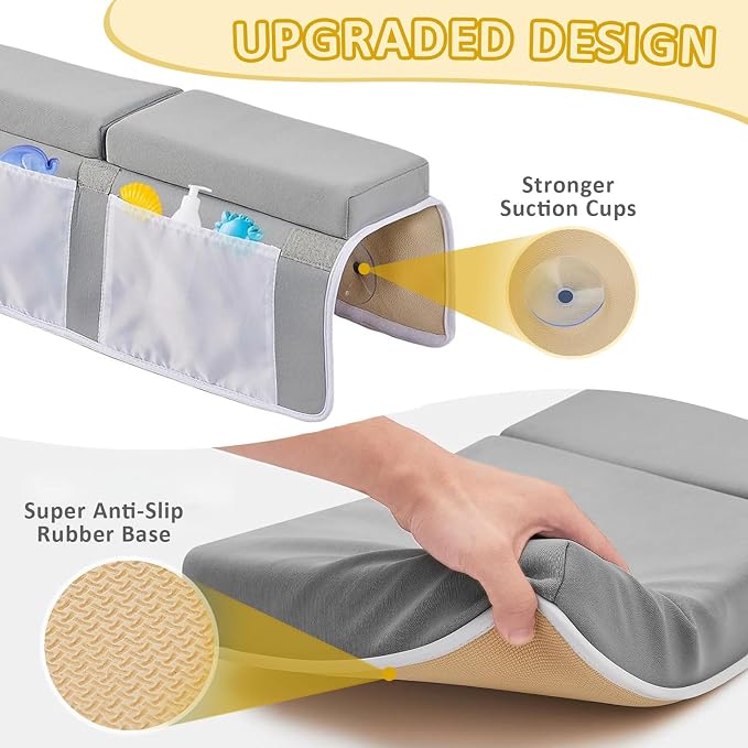 Baby Bath Kneeler and Elbow Rest Pad Set - 22'' Extra Long Quick Dry Kneeling Pad for Bathing Baby with Knee & Arm Support, Foldable Non-Slip Bathtub Mat with Toys Organizer