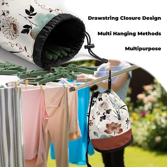 Lotus Chrysanthemum Laundry Peg Bag Organizer, Drawstring Clothespin Storage Pouch with Hanging Loop, Portable Clips Holder for Drying Rack, Camping Gear, Home & RV