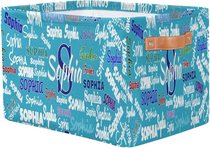 Custom Storage Baskets for Kids Name, Large Foldable Organizer Collapsible Storage Bin with Leather Handle for Home Toys Closet Nursery, Sea Blue Background