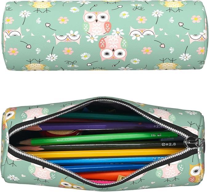 OSAM SPACE Leather Pencil Case Round Pencil Bag Cute Owl Floral Pen Organizer Holder Portable Zipper Pouch Cute School Supplies for Girls Boys Study Office