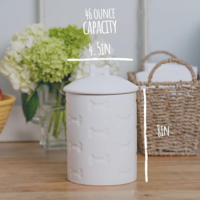 Park Life Designs Ceramic Treat Jar, Kitchen Countertop Container for Dogs, Cats, Puppies and More, Chic Container with Airtight Lid for Cookies, Biscuits and Treats (Manor) (Bones, White, 1.4 Qt)