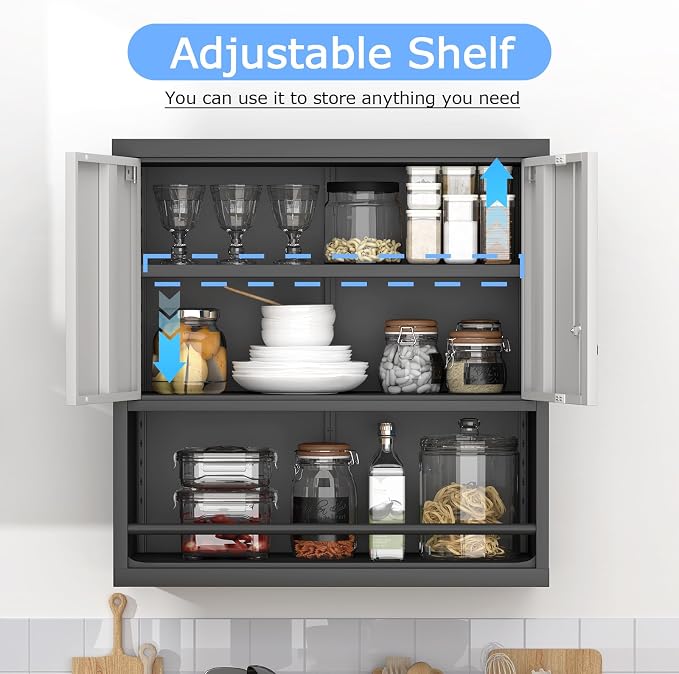 Metal Cabinet Wall Mounted, Garage Wall Cabinets with Doors & Adjustable Shelves, Steel Floating Hanging Storage Cabinet, Metal Locking Cabinet for Bathroom, Office, Warehouse