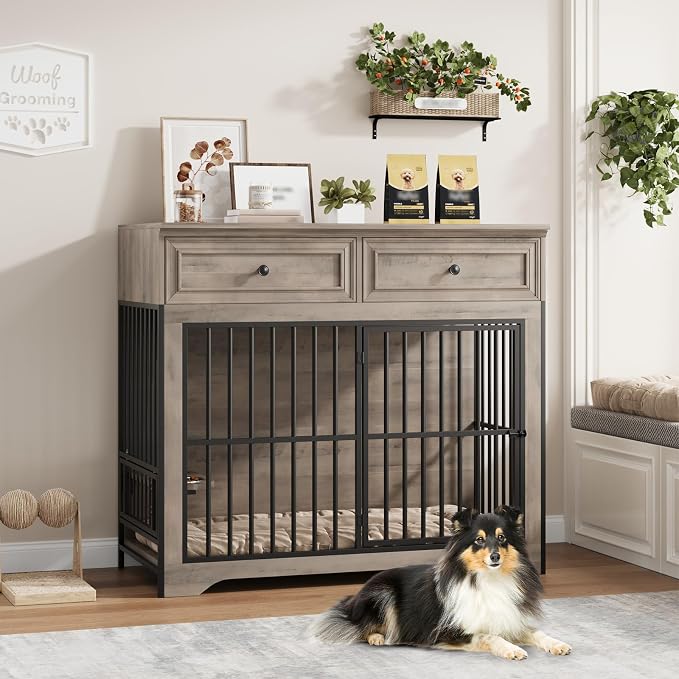 QUW 42" Modern Dog Crate Furniture, Wooden Dog Kennel, Grey | Medium to Large, 360° Rotating & 3-Levels Adjustable Height Dogs Bowl Holder, Decorative Dogs Cage Pet House Indoor
