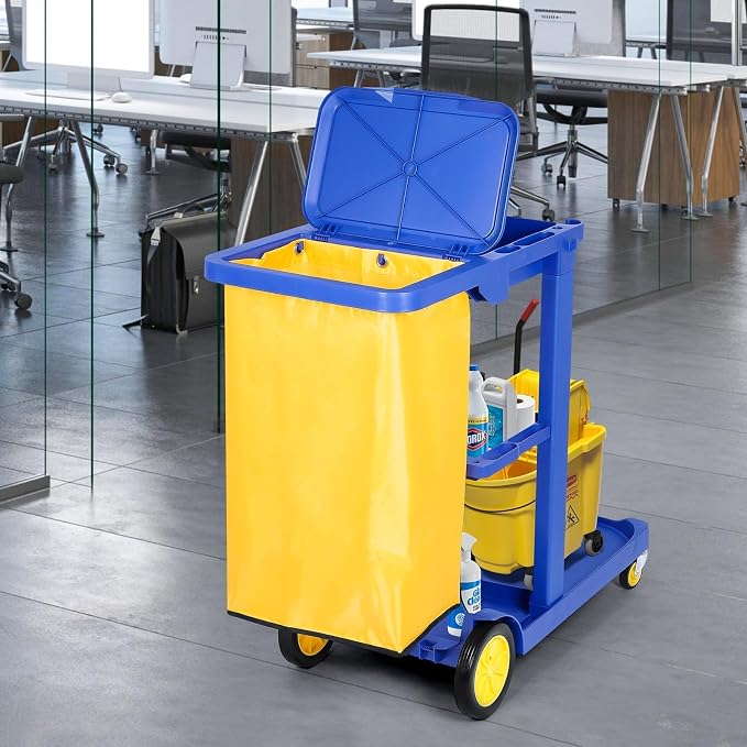 tonchean Commercial Janitorial Cart, 3-Shelf Housekeeping Cart with 22 Gallon Vinyl Bag & Cover, Large Cleaning Cart with Wheels for Hotel, Store, School, Office