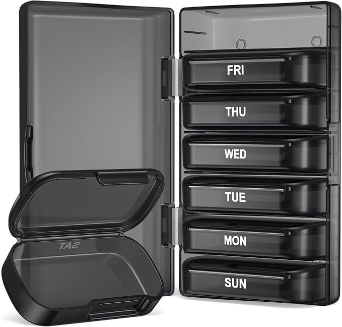 PULIV Weekly Pill Organizer with Large Capacity, Dual Protection (Black) | Pill Box 7 Day, Arthritis Friendly Pill Case Easy to Open, Medicine Organizer for Vitamins, Medication, Fish Oils, Supplement