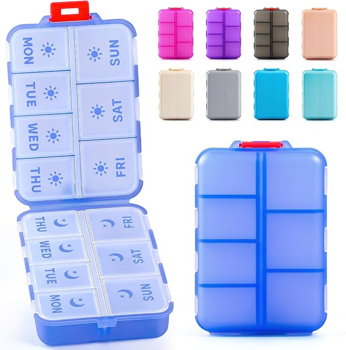 NEW Foldable & Double Protection Portable Weekly Pill Organizer 2 Times A Day with Etched Labels, AM PM 7 Day Week Medicine Box, Daily Travel Pill Case Dispenser for Vitamin, Supplement - Clear Blue