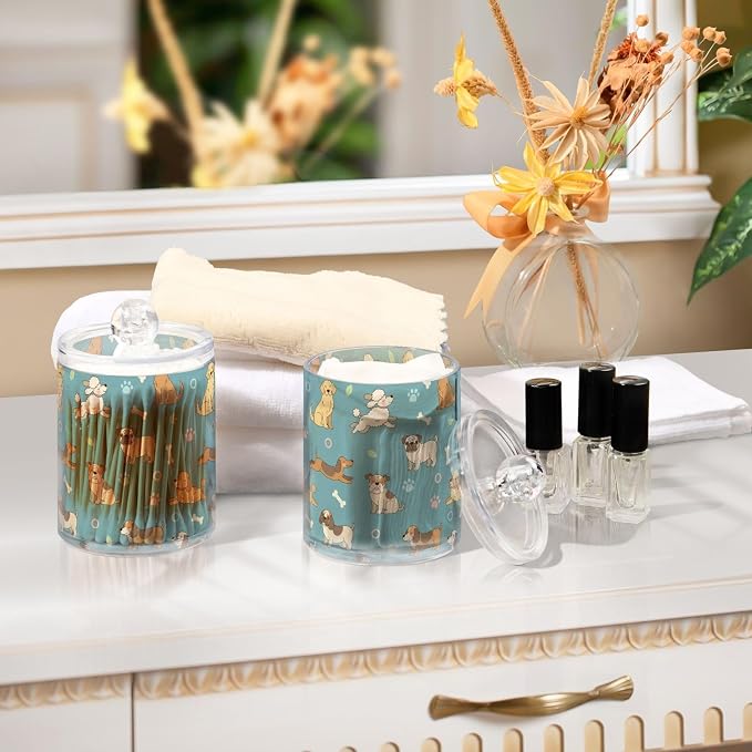 2 Pack Plastic Cotton Swab Ball Pad Holder Pets Blue Dogs Print Jars Bathroom Storage Organizer Bathroom Jars with Lid for Cotton Ball Swab Cotton Rounds Hair Clips