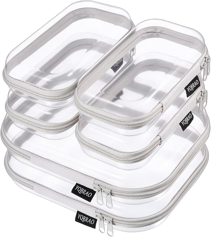 YQBRAO Clear Hard Shell Zipper Cases, 6 Travel Organizers, 2M 4S, Grey | Rigid clear shells in two practical sizes separate toiletries, skincare, cosmetics, chargers and frequently used accessories