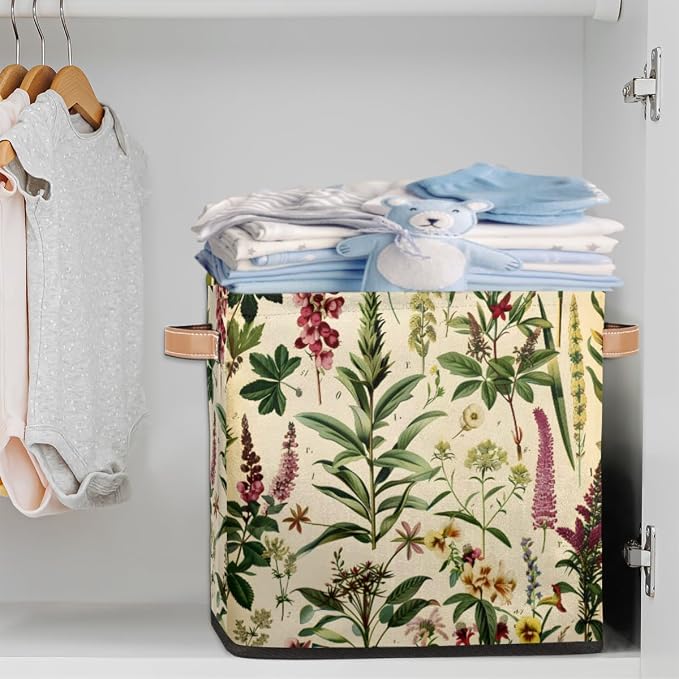 Wildflower Botanical Storage Bin, 13 Inch Collapsible Fabric Storage Bin, Floral Vintage Foldable Cube Basket for Shelf, Closet, Organizer