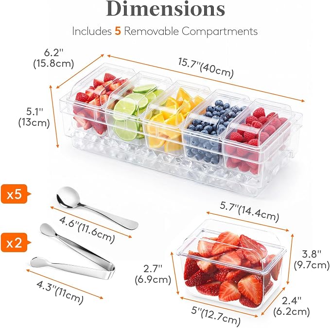 Lifewit Chilled Condiment Caddy with Stainless Steel Spoons & Tongs | Handle Design, 5 Individual Fridge-Safe Compartments, Ice Condiment Caddy & Garnish Tray for Taco, Mimosa, Dirty Soda Bar
