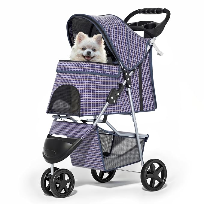 MoNiBloom Pet Stroller for Small/Medium Dogs and Cats up to 33 lbs, Plaid | Foldable Dog Stroller 3 Wheels Pet Strolling Cart w/ Storage Basket Cup Holder, Breathable and Visible Mesh for All-Season