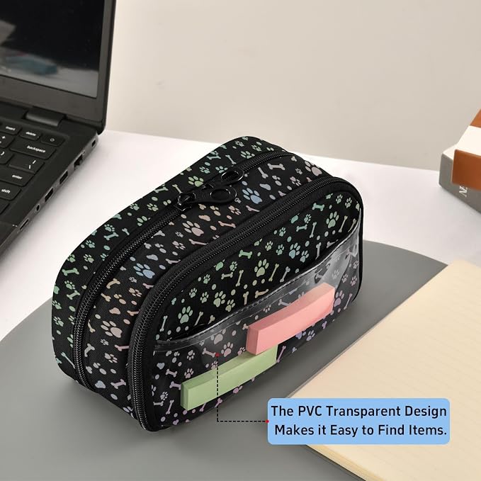 Pet Paw Black pattern Large Capacity Pencil Case with Zipper Water Resistant Portable Organizer Pen Bag for Office Students School