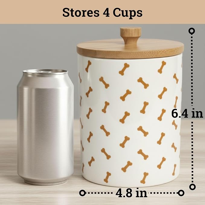 Ceramic Dog Treat Container Airtight with Bamboo Lid, 5"W x 6.4"H, 4 Cups | Sturdy Durable Ceramic, Airtight Bamboo Lid, Food Safe, Fits Most Popular Treats, 4 Cup Capacity, Easy to Wash